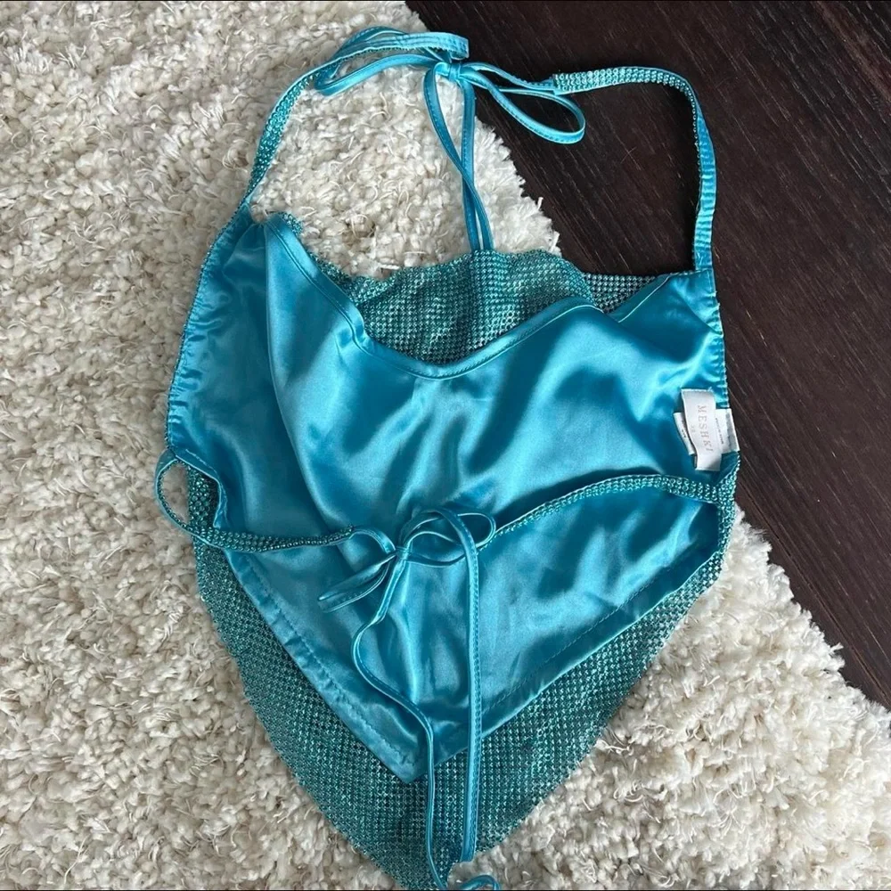Meshki Daphne Diamante Halter Top - Aqua Blue - Picture 3 of 4